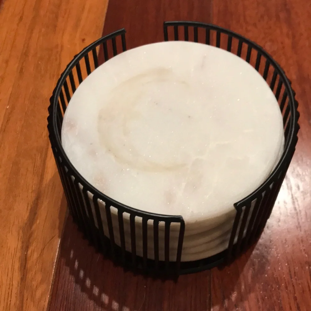 6 White Marble Coasters with Black Holder